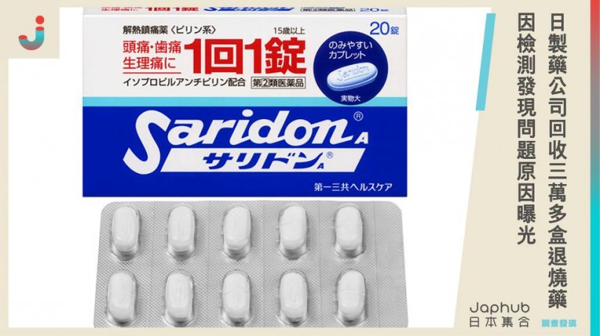 日本製藥公司「第一三共健康」宣布回收3萬多盒退燒藥，Saridon A因成分含量低於標準下限，保障消費者安全。