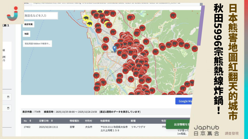 日本熊害地圖紅翻天的城市！ 秋田5996宗熊熱線炸鍋！